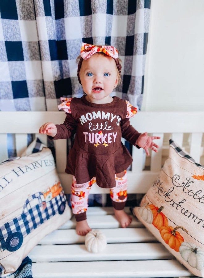 HIHA Infant Toddler Thanksgiving Outfit Girl 2t Mommy's Little Turkey Outfits Brown Baby Girl Thanksgiving Clothes Ruffle Long Sleeve Tunic Tops Pant Set Headband 3PCS Baby Gobble Outfits(Pink, 2-3T) - Image 3