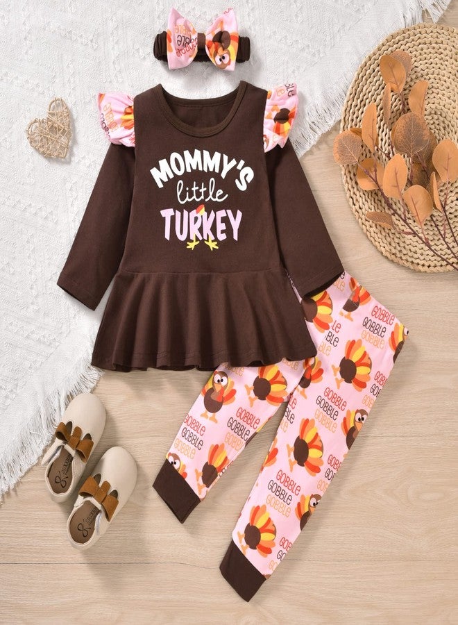 HIHA Infant Toddler Thanksgiving Outfit Girl 2t Mommy's Little Turkey Outfits Brown Baby Girl Thanksgiving Clothes Ruffle Long Sleeve Tunic Tops Pant Set Headband 3PCS Baby Gobble Outfits(Pink, 2-3T) - Image 4