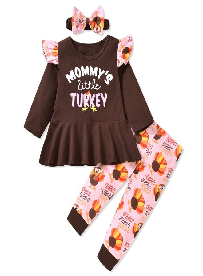 HIHA Infant Toddler Thanksgiving Outfit Girl 2t Mommy's Little Turkey Outfits Brown Baby Girl Thanksgiving Clothes Ruffle Long Sleeve Tunic Tops Pant Set Headband 3PCS Baby Gobble Outfits(Pink, 2-3T) - Image 1