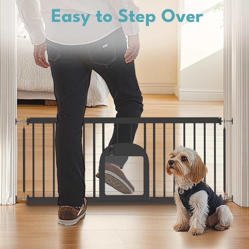 No Pawblems Dog Gate with Small Pet Door, 16"-42.7" Adjustable Metal Short Dog Gate to Step Over, 16.5" Tall, with 3 Extension Kits, Pressure Mounted, for Doorways & Stairs, Black - Image 5