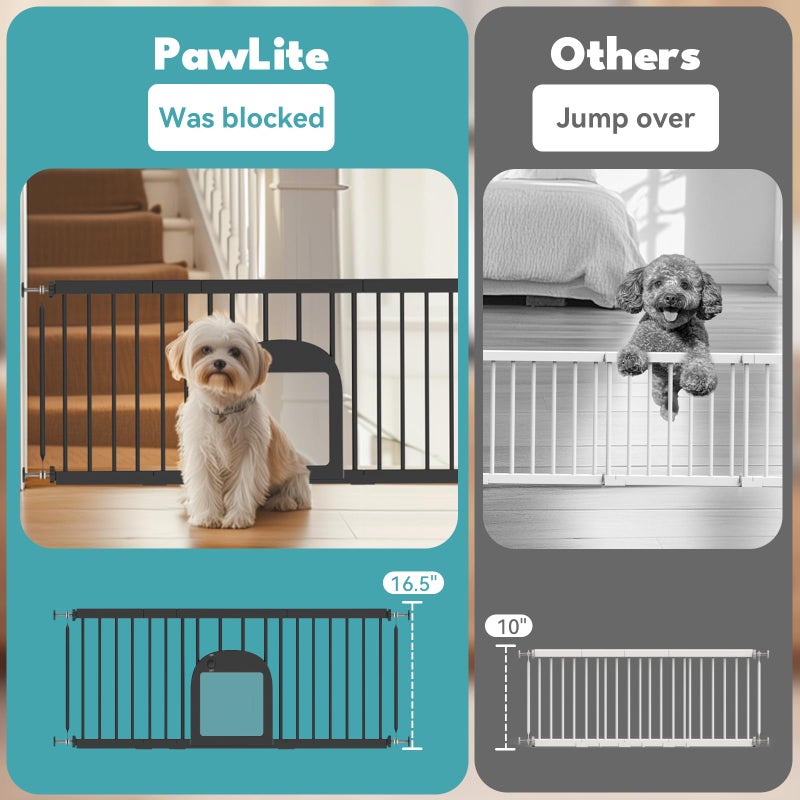 No Pawblems Dog Gate with Small Pet Door, 16"-42.7" Adjustable Metal Short Dog Gate to Step Over, 16.5" Tall, with 3 Extension Kits, Pressure Mounted, for Doorways & Stairs, Black - Image 3