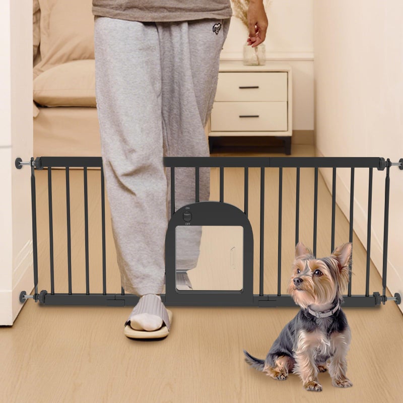 No Pawblems Dog Gate with Small Pet Door, 16"-42.7" Adjustable Metal Short Dog Gate to Step Over, 16.5" Tall, with 3 Extension Kits, Pressure Mounted, for Doorways & Stairs, Black - Image 1