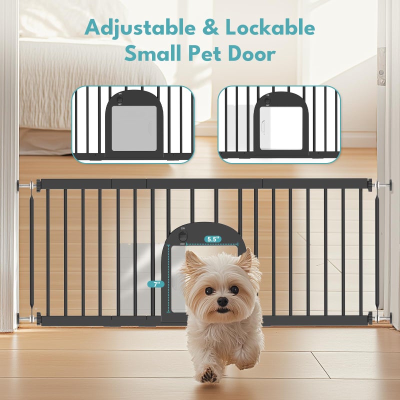 No Pawblems Dog Gate with Small Pet Door, 16"-42.7" Adjustable Metal Short Dog Gate to Step Over, 16.5" Tall, with 3 Extension Kits, Pressure Mounted, for Doorways & Stairs, Black - Image 2