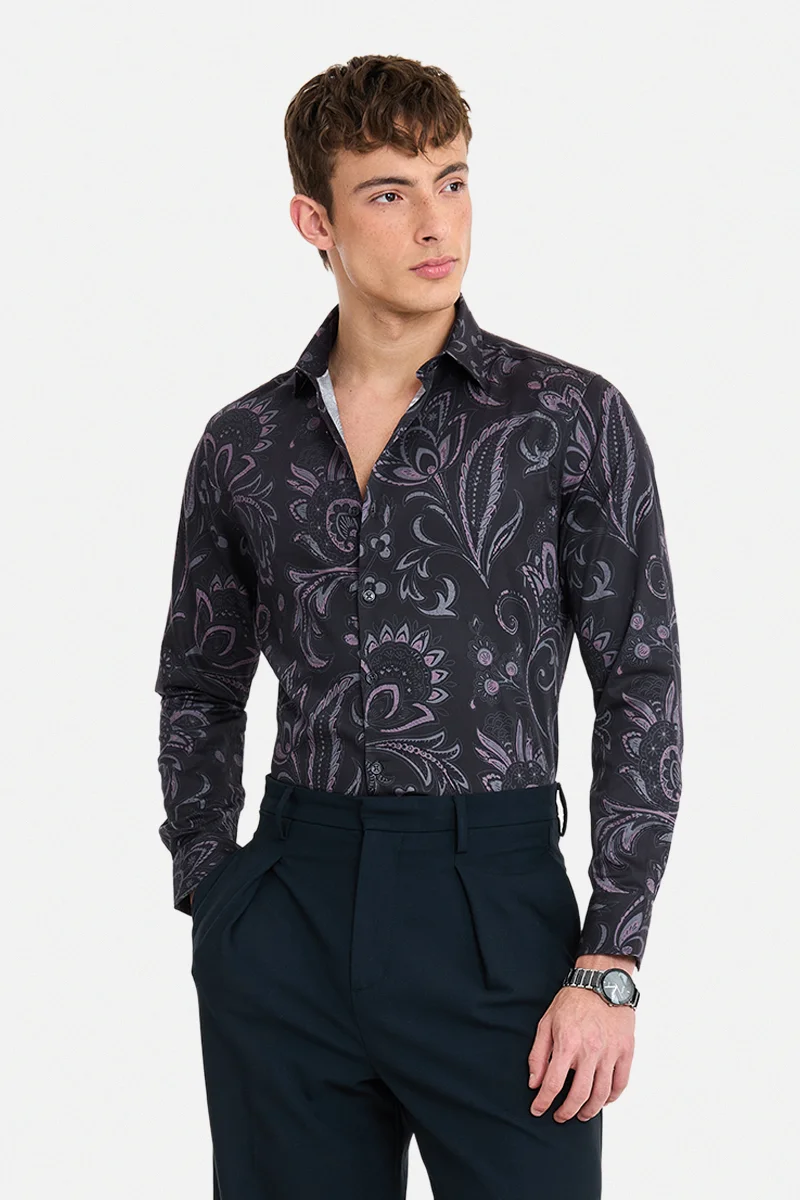 سنيتش Black Abstract Long Sleeve Slim Fit Shirt