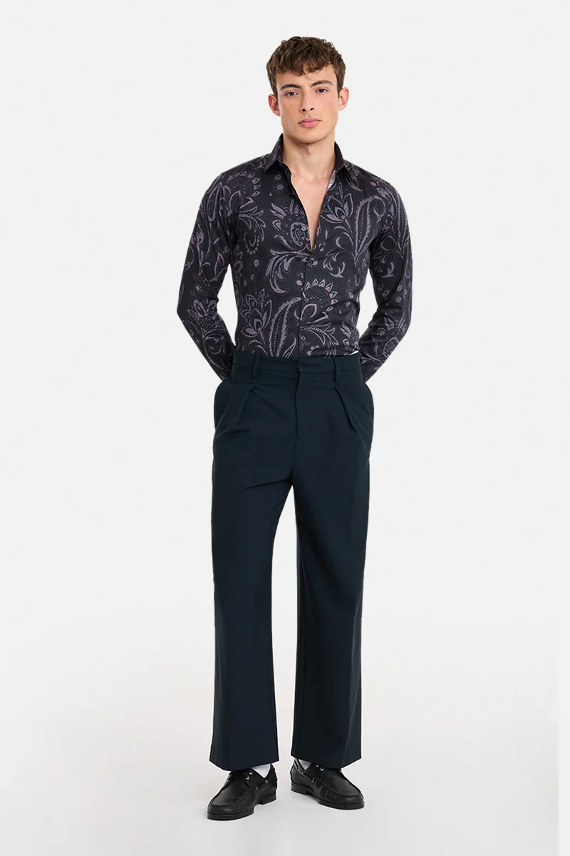 سنيتش Black Abstract Long Sleeve Slim Fit Shirt