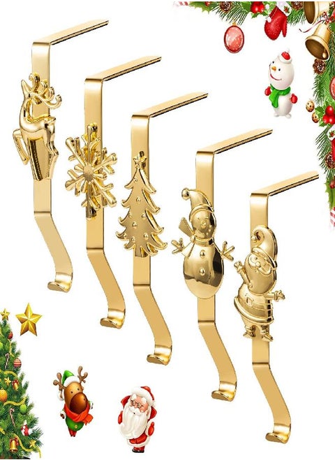 Stocking Holders for Mantle, Set of 5 Christmas Stocking Holders for Fireplace, Stocking Hangers for Mantel, Snowflake Reindeer Tree Santa Stocking Hanger Hooks for Christmas Mantel Decoration, Gold