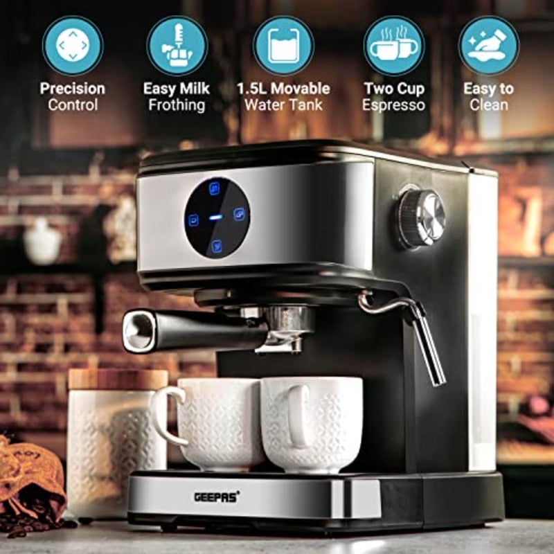 1.5L Digital Cappuccino Maker 850W 20 Bar Pressure 2 Cups Dual Filter With Detachable Tank Touch Panel Overheat Over Pressure Safe 2 Years Warranty, Mulit Color, Gcm41511 - Image 2