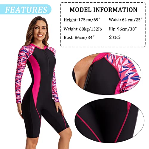 FEOYA Slim Fit Rash Guard for Women One Piece Modest Knee Length Long Sleeve Swimsuit Sporty Athletic Surfing Suit Zip Front Bathing Suit - Image 2
