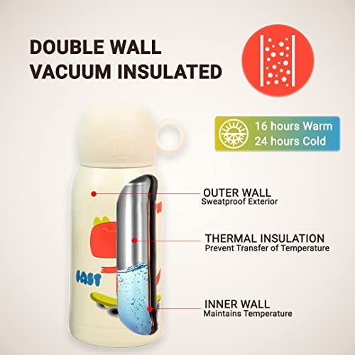 Femora Kids Dinosaur Design Hot & Cold Thermosteel Water Bottle for Kids Double Walled Vacuum Insulated Stainless Steel Bottles with Bag (550 Ml) (Cream) - Image 4