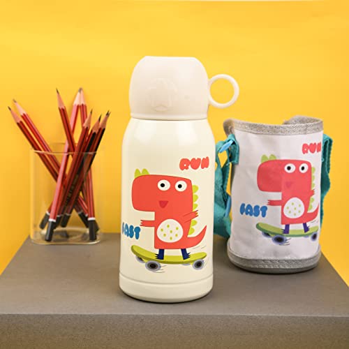 Femora Kids Dinosaur Design Hot & Cold Thermosteel Water Bottle for Kids Double Walled Vacuum Insulated Stainless Steel Bottles with Bag (550 Ml) (Cream) - Image 2
