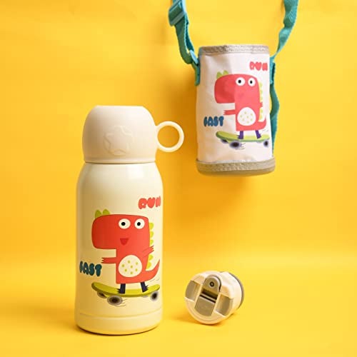 Femora Kids Dinosaur Design Hot & Cold Thermosteel Water Bottle for Kids Double Walled Vacuum Insulated Stainless Steel Bottles with Bag (550 Ml) (Cream) - Image 3
