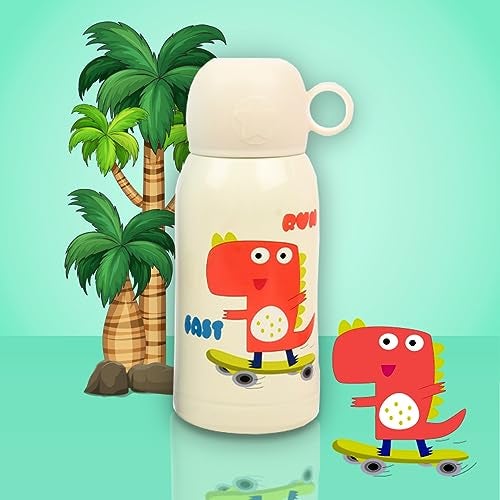 Femora Kids Dinosaur Design Hot & Cold Thermosteel Water Bottle for Kids Double Walled Vacuum Insulated Stainless Steel Bottles with Bag (550 Ml) (Cream) - Image 1