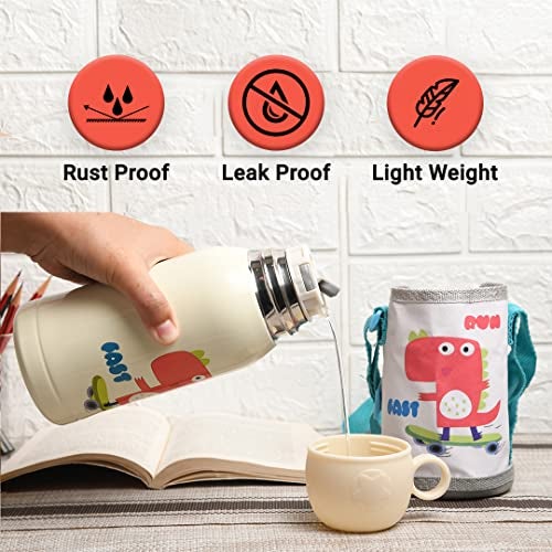Femora Kids Dinosaur Design Hot & Cold Thermosteel Water Bottle for Kids Double Walled Vacuum Insulated Stainless Steel Bottles with Bag (550 Ml) (Cream) - Image 5