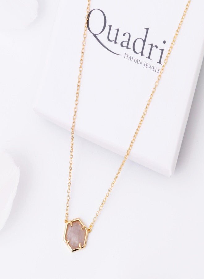 QUADRI 14K Gold Plated Necklace - Rose Quartz Pendant - Women's Dainty Gold Necklace - 16"+2" Extender Chain - Lobster Clasp - Image 4
