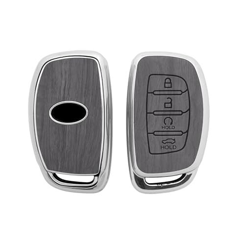 KeyZone غطاء مفتاح TPU بتصميم خشبي وسلسلة مفاتيح من Keyzone لهيونداي ألكازار وكريتا مفتاح ذكي 4 أزرار (رمادي بلّوط) - Image 2
