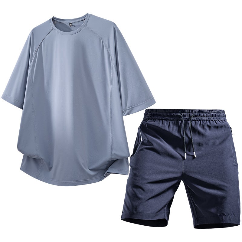 Summer Sports Suit for Men, New Ice Silk Quick-Drying Short-Sleeved Casual Loose-Fitting Pants, Outdoor Fitness Two-Piece Set