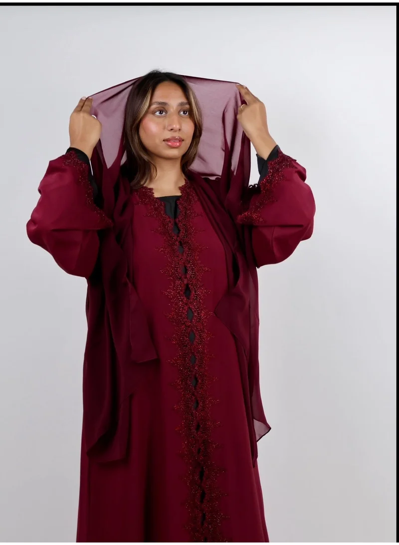 JAMEELA Crimson Majesty Stone-Embellished Abaya