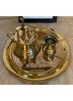 طقم القهوة التركية 3 قطع من النحاس الخالص سبرتاية , كنكة ,صينية منقوشة