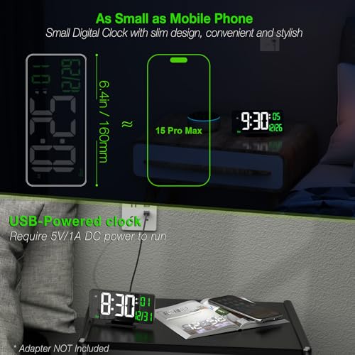 KOSUMOSU Desk Clock 6.7in Black Digital Alarm Clock with Dual Alarm, Dimming, Date, Day of Week, Temp, 12h 24h, Digital LED Clock for Table Decor, Digital Calendar Mirror Clocks Essentials - Image 3