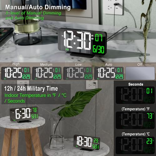 KOSUMOSU Desk Clock 6.7in Black Digital Alarm Clock with Dual Alarm, Dimming, Date, Day of Week, Temp, 12h 24h, Digital LED Clock for Table Decor, Digital Calendar Mirror Clocks Essentials - Image 2