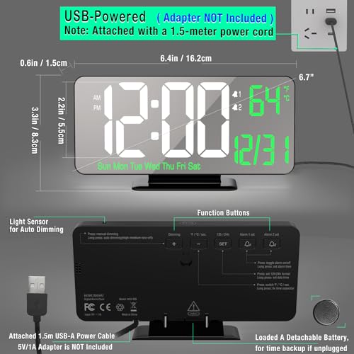 KOSUMOSU Desk Clock 6.7in Black Digital Alarm Clock with Dual Alarm, Dimming, Date, Day of Week, Temp, 12h 24h, Digital LED Clock for Table Decor, Digital Calendar Mirror Clocks Essentials - Image 5