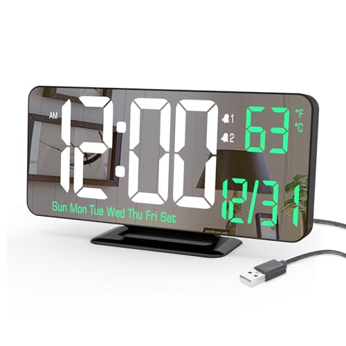 KOSUMOSU Desk Clock 6.7in Black Digital Alarm Clock with Dual Alarm, Dimming, Date, Day of Week, Temp, 12h 24h, Digital LED Clock for Table Decor, Digital Calendar Mirror Clocks Essentials - Image 1