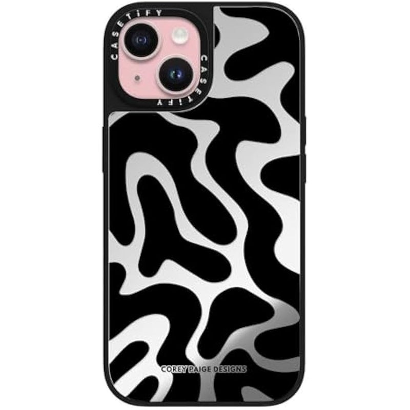 Casetify Mirror iPhone 15 Case 【Reflective / 4.9ft Drop Protection/Compatible with Magsafe】 - Black Abstract Shapes by Corey Paige Designs - Silver on Black - Image 1