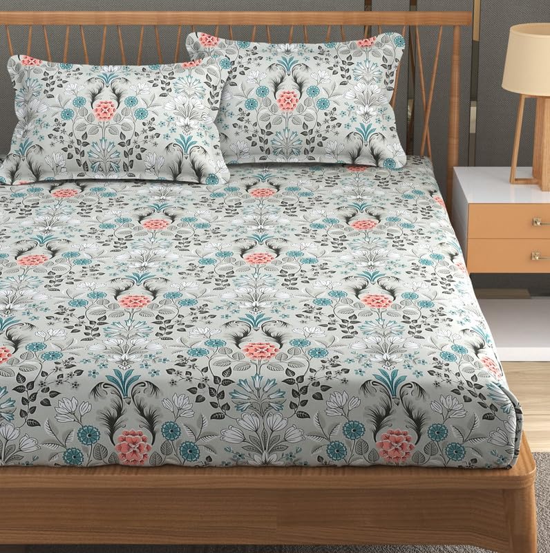 Furnofy 140 GSM Double Bedsheet with 2 Pillow Covers (90x100 Inches, Flat, White-Blue Flowers), Soft & Durable - Image 1