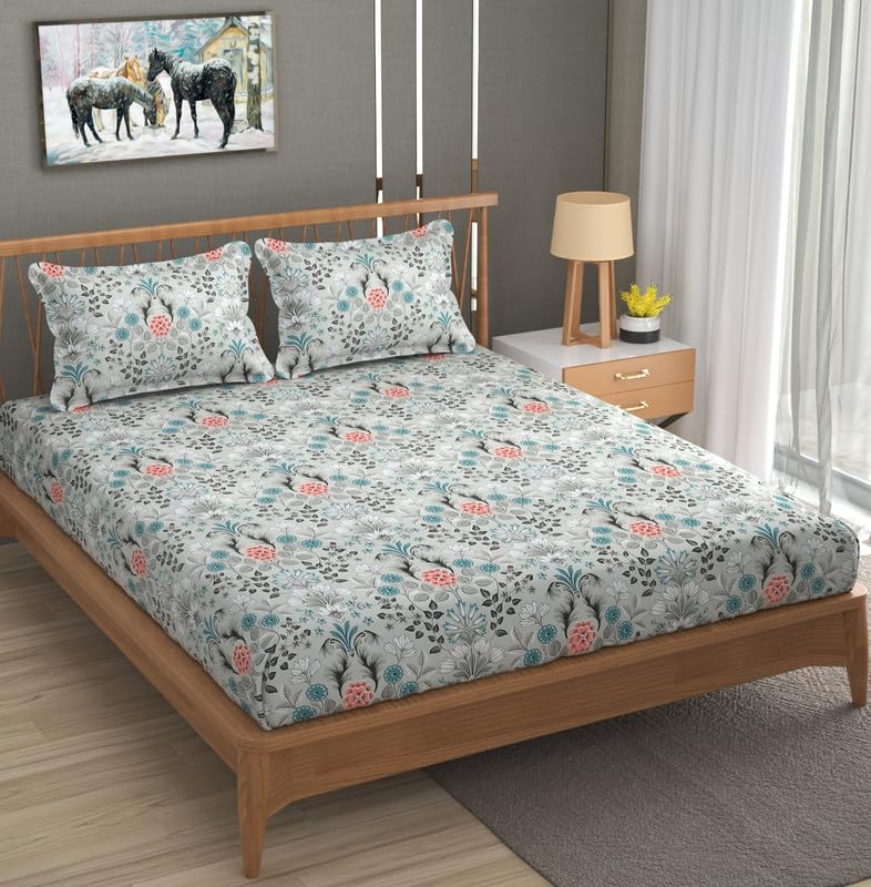 Furnofy 140 GSM Double Bedsheet with 2 Pillow Covers (90x100 Inches, Flat, White-Blue Flowers), Soft & Durable - Image 2