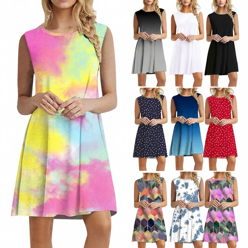 Women's Sleeveless Print Round Neck Pullover Dress Summer Casual - Image 1