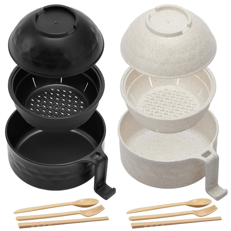 Romooa 2 Sets Microwave Ramen Cooker Bowl Set with Spoon Chopsticks Fork Wheat Fiber Instant Noodle Bowl with Handles Ramen Kit for College Dorm Room Apartment Essentials