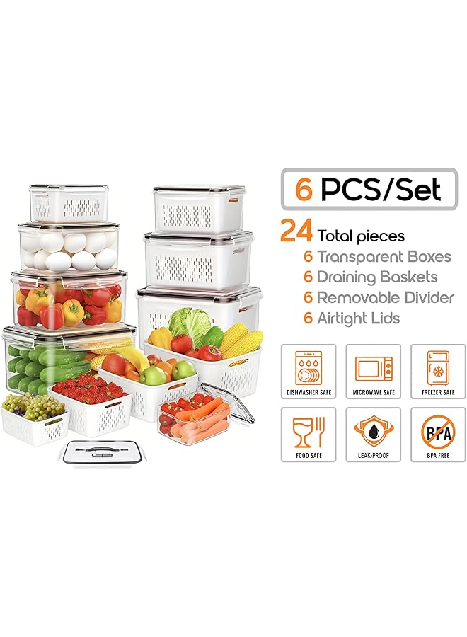 YAH Creation 6Pcs/Set Yah Smart Kitchen Storage Boxes   Airtight, Microwave & Freezer Safe | Fridge & Pantry Organizers | Durable Containers With 6 Draining Baskets & Dividers | For Kitchen, Food & Vegetables. - Image 2
