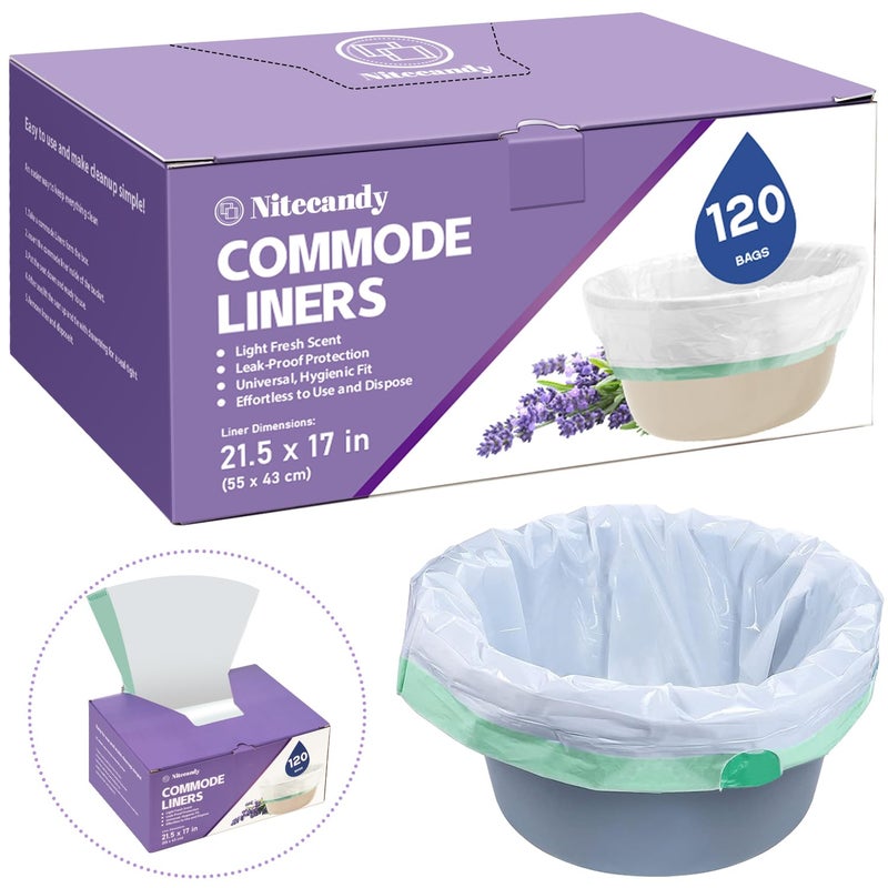 Nitecandy Commode Liners for Bedside Commode, 120 Count Universal Fit, Disposable Toilet Bags for Bedside Commode, Portable Toilet, Bed Pan, Medical Grade & Lavender Scented - Image 1