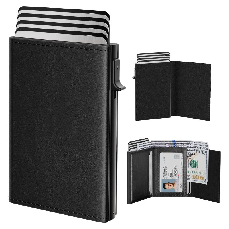 typecase Mens Wallet Card Holder: Pop Up Aluminum Case, Genuine Leather, Smart, RFID Blocking, Slim, Minimalist, Front Pocket - 9-14 Card Capacity | ID Window | Cash Slot - Oil Wax Black - Image 1