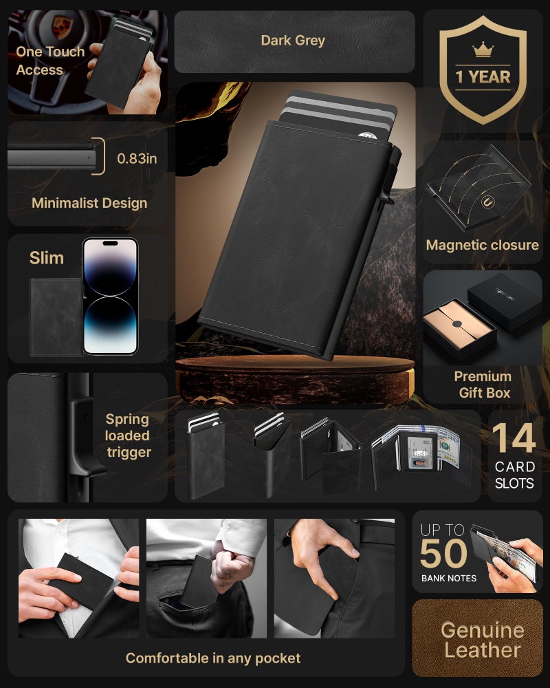 typecase Mens Wallet Card Holder: Pop Up Aluminum Case, Genuine Leather, Smart, RFID Blocking, Slim, Minimalist, Front Pocket - 9-14 Card Capacity | ID Window | Cash Slot - Oil Wax Black - Image 2