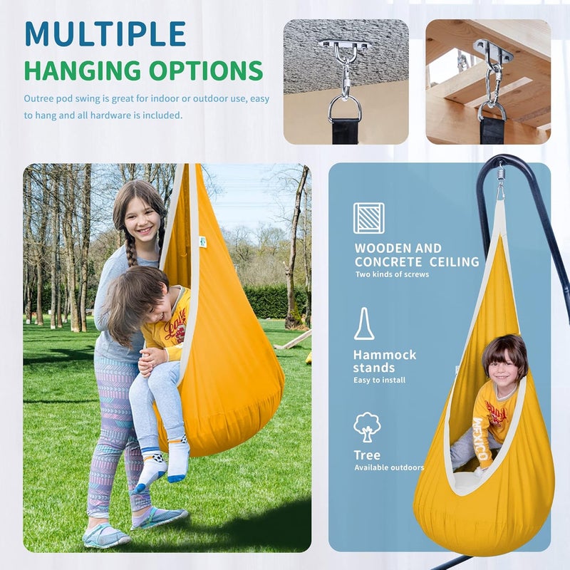 OUTREE Kids Pod Hanging Swing Seat Hammock,100% Cotton Child Swing Hammock Chair for Indoor and Outdoor use,Yellow and White - Image 2