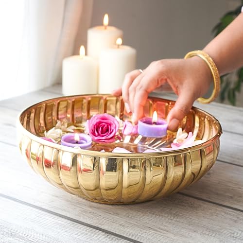 BEHOMA Golden Aluminium 9.5 inch Urli | Flower Decorative Bowl Indoor Center Table Home Décor | Urali for Haldi, Mehandi, Wedding, Navratri Durga Pooja & Durga Puja Navratri, 1 Pc, 1L (Lightweight) - Image 2