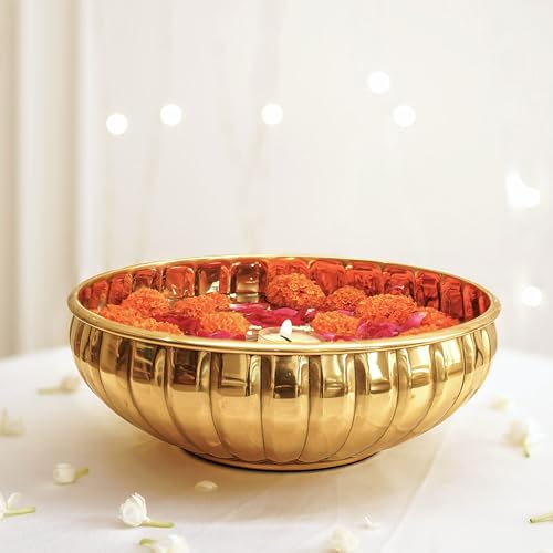 BEHOMA Golden Aluminium 9.5 inch Urli | Flower Decorative Bowl Indoor Center Table Home Décor | Urali for Haldi, Mehandi, Wedding, Navratri Durga Pooja & Durga Puja Navratri, 1 Pc, 1L (Lightweight) - Image 1
