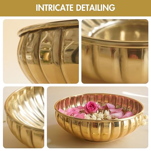 BEHOMA Golden Aluminium 9.5 inch Urli | Flower Decorative Bowl Indoor Center Table Home Décor | Urali for Haldi, Mehandi, Wedding, Navratri Durga Pooja & Durga Puja Navratri, 1 Pc, 1L (Lightweight) - Image 4