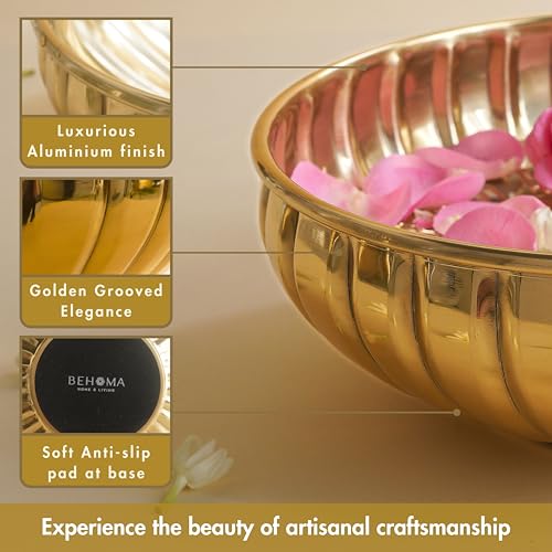 BEHOMA Golden Aluminium 9.5 inch Urli | Flower Decorative Bowl Indoor Center Table Home Décor | Urali for Haldi, Mehandi, Wedding, Navratri Durga Pooja & Durga Puja Navratri, 1 Pc, 1L (Lightweight) - Image 5