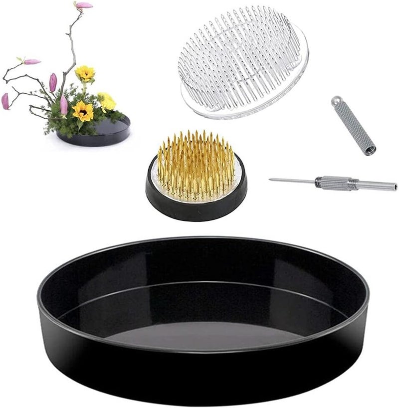 Eggone Japanese Ikebana Kit Floral Frog Flower Container Set with 9inch Plastic Bowl Vase Pot, 1.57inch Kenzan, 2.76inch Plastic Kenzan, 2-in-1 Kenzan Tool Clean and Straighten Pin (Set A) - Image 1