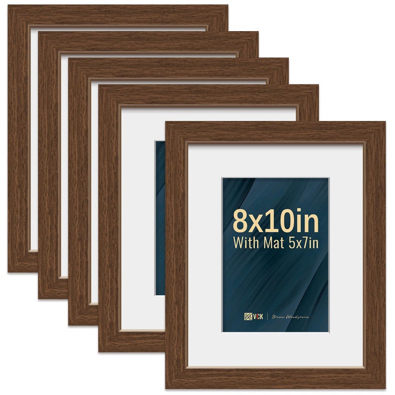 VCK 8x10 Picture Frame 5 Pack - Brown, High-End Wood Poster Frames with Tempered Glass, Display 5x7 Photo with Mat or 8x10 without Mat, Art Gallery-Quality, Wall Hanging/Tabletop, Brown - Image 1