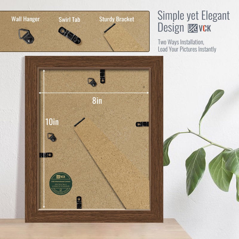 VCK 8x10 Picture Frame 5 Pack - Brown, High-End Wood Poster Frames with Tempered Glass, Display 5x7 Photo with Mat or 8x10 without Mat, Art Gallery-Quality, Wall Hanging/Tabletop, Brown - Image 3