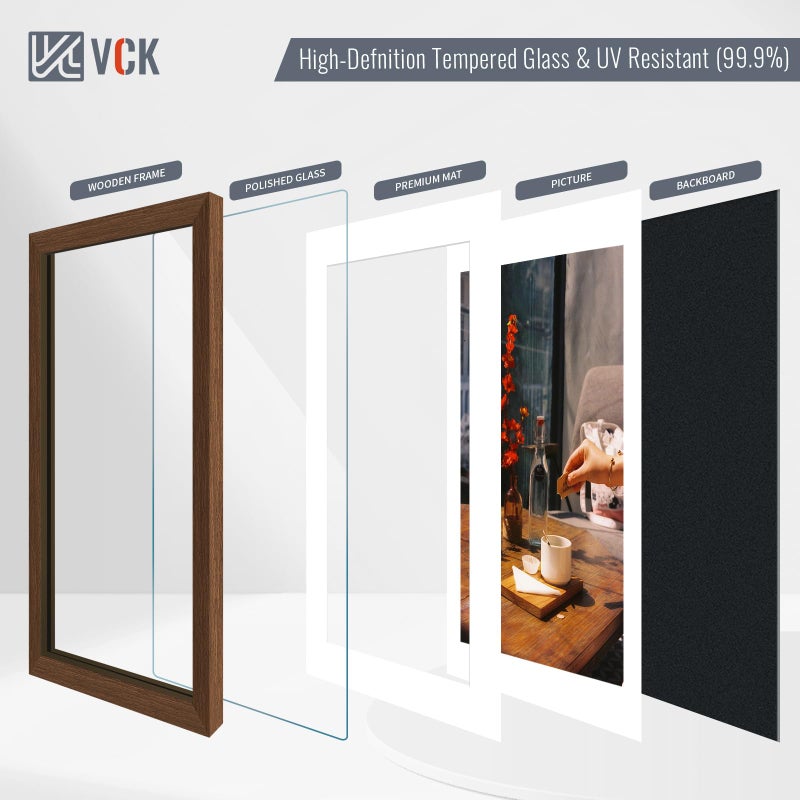 VCK 8x10 Picture Frame 5 Pack - Brown, High-End Wood Poster Frames with Tempered Glass, Display 5x7 Photo with Mat or 8x10 without Mat, Art Gallery-Quality, Wall Hanging/Tabletop, Brown - Image 4