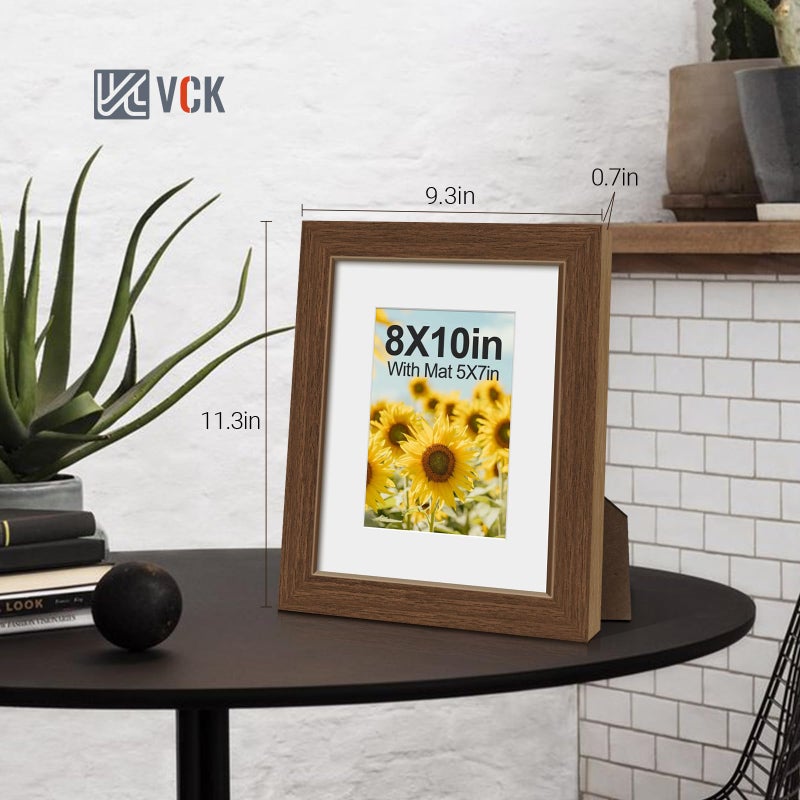 VCK 8x10 Picture Frame 5 Pack - Brown, High-End Wood Poster Frames with Tempered Glass, Display 5x7 Photo with Mat or 8x10 without Mat, Art Gallery-Quality, Wall Hanging/Tabletop, Brown - Image 2