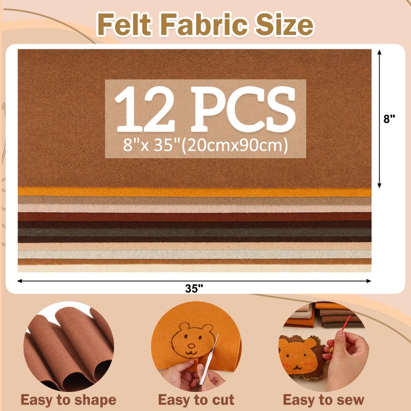 MITINU 12 Rolls 8"x35"(20.5x90cm) 1.4mm Thick Soft Felt Fabric Sheet 12 Assorted Brown Tone Series Colors Felt Pack for DIY Craft Sewing Squares Nonwoven Patchwork - Image 2
