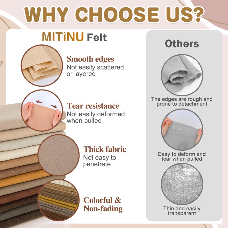 MITINU 12 Rolls 8"x35"(20.5x90cm) 1.4mm Thick Soft Felt Fabric Sheet 12 Assorted Brown Tone Series Colors Felt Pack for DIY Craft Sewing Squares Nonwoven Patchwork - Image 4