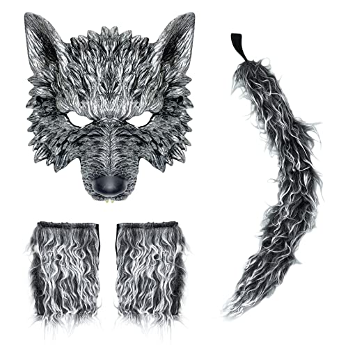 HyperFun Werewolf Costume Halloween Wolf Mask Gloves and Tails Set, Realistic Wolf Costume Cosplay Accessories Kit (Gray wolf) - Image 1
