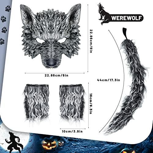 HyperFun Werewolf Costume Halloween Wolf Mask Gloves and Tails Set, Realistic Wolf Costume Cosplay Accessories Kit (Gray wolf) - Image 2