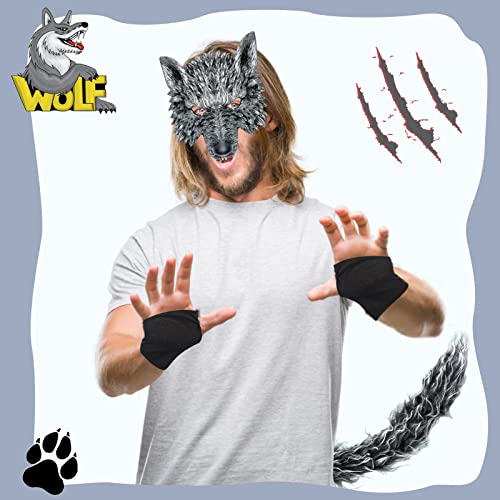 HyperFun Werewolf Costume Halloween Wolf Mask Gloves and Tails Set, Realistic Wolf Costume Cosplay Accessories Kit (Gray wolf) - Image 4